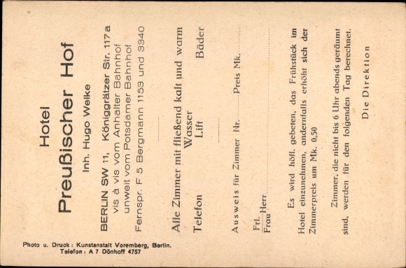 Ak Berlin Kreuzberg, Hotel Preussischer Hof, Königgrätzer Strasse 117