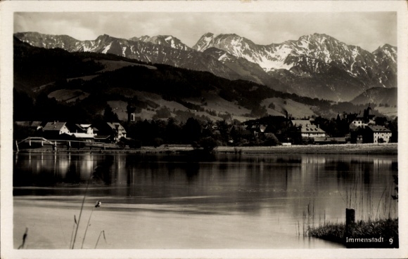 Postcard Immenstadt im Allgäu Swabia, mountain landscape, quiet lake, small houses, peaks with snow...
