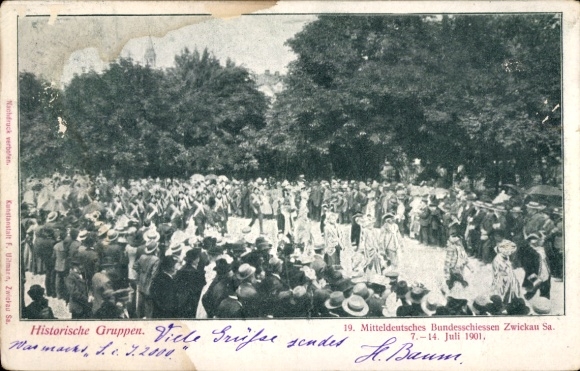 Postcard Zwickau in Saxony, 19th Central German Federal Shooting 1901, parade, historical groups