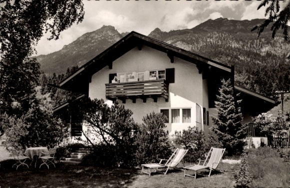 Postcard Garmisch Partenkirchen in Upper Bavaria, Guesthouse E. Meltzer, Gaßbergstraße 11, deck chairs