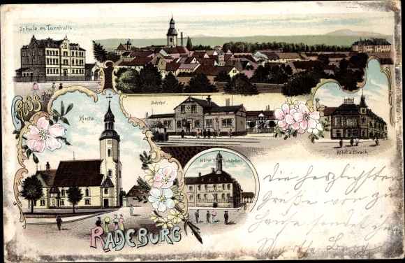 Chromo-Litho Radeburg in Saxony, church, Hotel Ratskeller, train station, Hotel zum Hirsch, school, panorama