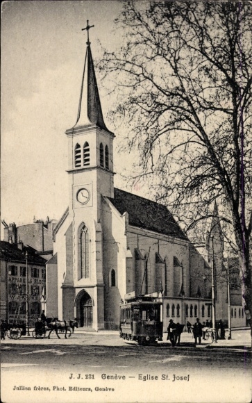 Postcard Geneva, view of St. Joseph Church with tram