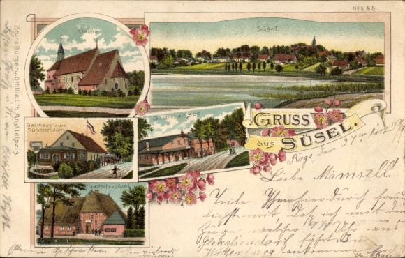 Chromo-Litho Süsel in Ostholstein, church, inn by the lake, view of the town