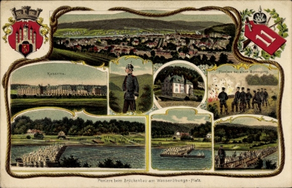 Chromo-Litho Hann. Münden, garrison town, barracks, pioneers building bridges, water training area