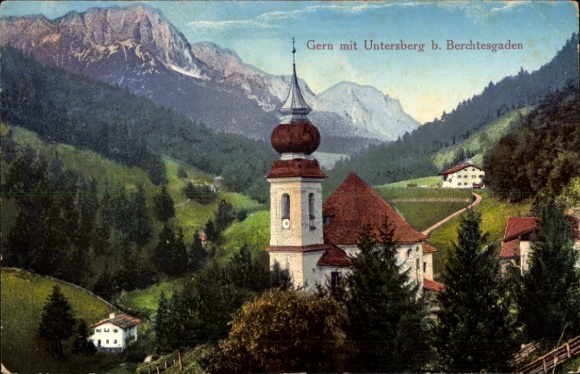 Ak Berchtesgaden in Oberbayern, Berglandschaft, Kirche, Untersberg, Bäume, Häuser