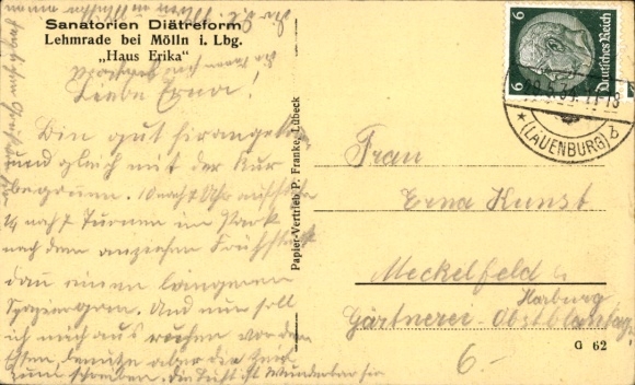 Postcard Lehmrade Schleswig Holstein, Sanatoriums Diet Reform, Haus Erica
