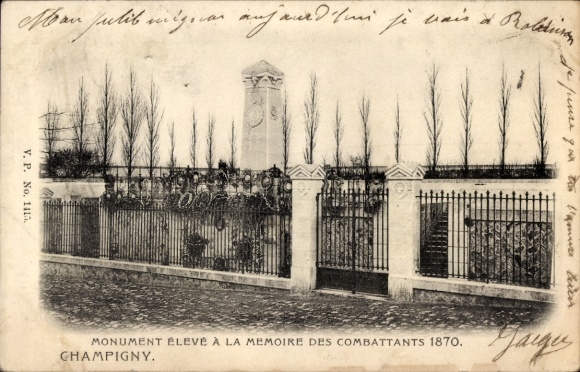 Ak Champigny sur Marne Val de Marne, Monument Élevé À La Mémoire Des Combattants 1870, schwarzer 