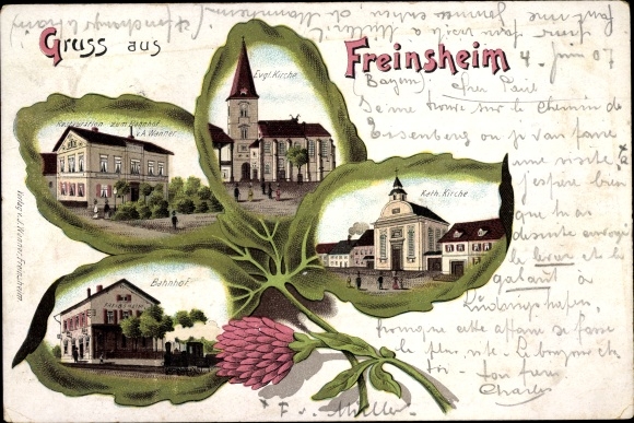 litho Freinsheim aan de Pfalzwijnroute, restauratie van het station, Ev. en katholieke kerk, treinstation
