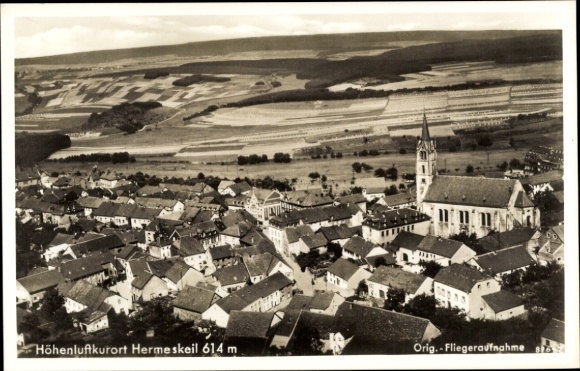Postcard Hermeskeil in the Hunsrück, aerial photograph, church