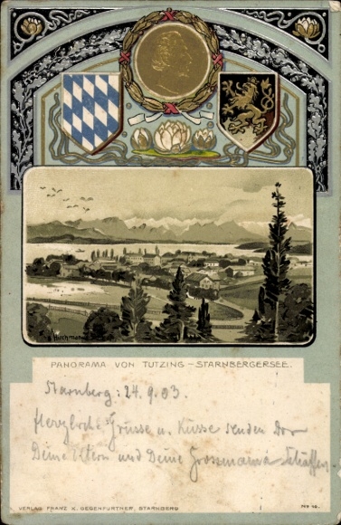 Embossed coat of arms APassepartout Chromo-Litho Tutzing on Lake Starnberg Upper Bavaria, Panorama