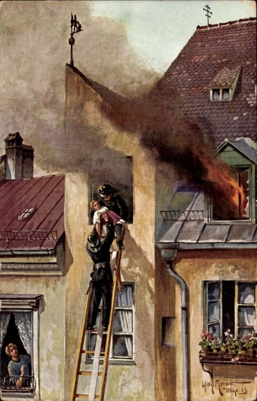 Artist Postcard Moralt, Willy, Firefighters rescue a woman from a burning house
