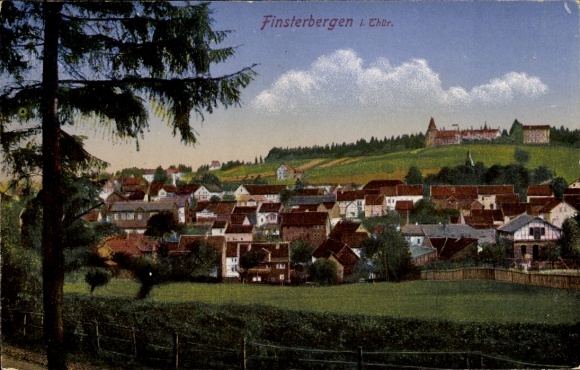 Postcard Finsterbergen Friedrichroda in the Thuringian Forest, landscape view, houses in the foreground, hills