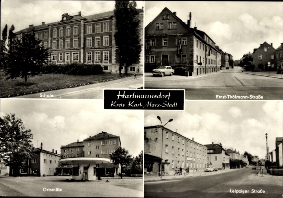 Postcard Hartmannsdorf, School, Ernst-Thälmann-Straße, Leipziger Straße