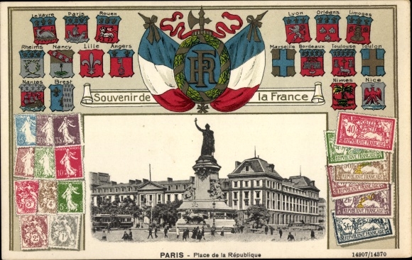 Reliëfzegels wapenschild ansichtkaart Parijs III., Place de la Republique