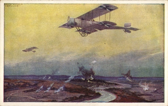 Künstler Ak Schulze, Hans Rudolf, Militärdoppeldecker auf Erkundungsflug an der Marne, I. WK