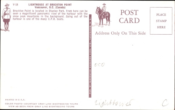 Postcard Vancouver British Columbia Canada, Lighthouse at Brockton Point, Steamer, steamship