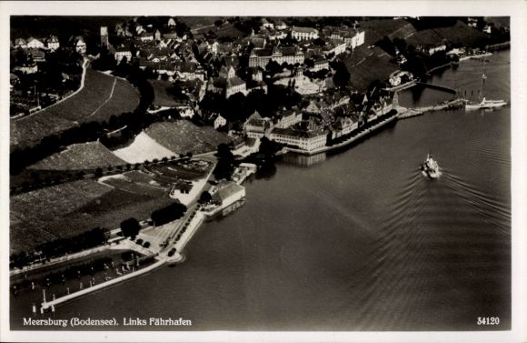 Postcard Meersburg in the Bodenseekreis Baden Württemberg, aerial photograph, ferry port