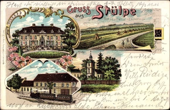 Chromo-Litho Stülpe in the Mark, castle, church, inn to the red deer