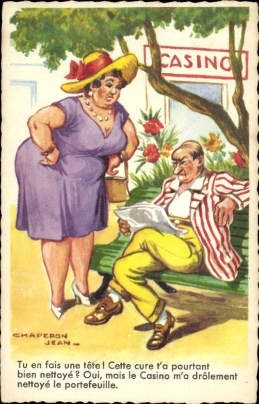 Artist Postcard Chaperon, J., Man reading a newspaper, woman speaking to the man