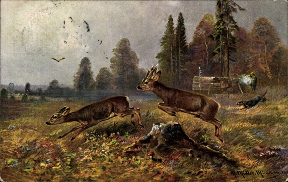 Postcard Hirschbach Glashütte in the Eastern Ore Mountains, two deer jumping through a forest, a dog running...