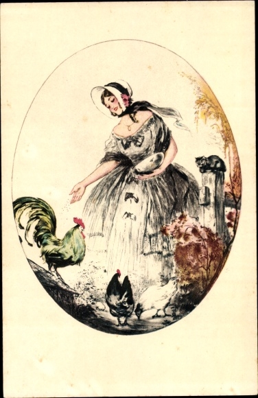 Künstler Ak Hardy, J., Dame füttert Hühner, Katze