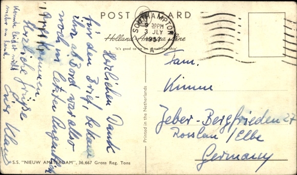 Postcard HAL Steam boat New Amsterdam, Holland-America Line
