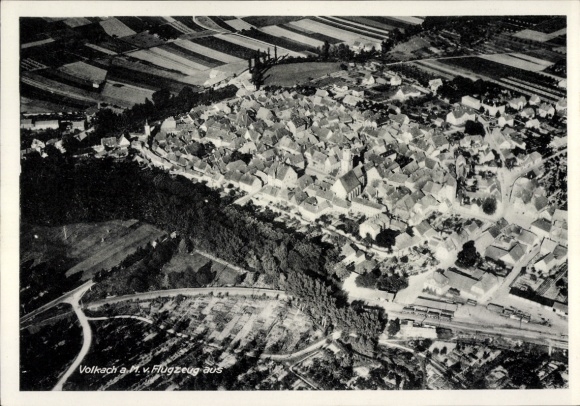 Postcard Volkach am Main Lower Franconia, aerial view of architecture, agricultural fields