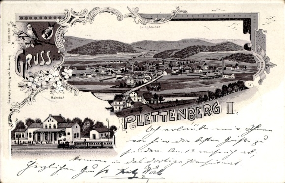 Ak Plettenberg im Sauerland Westfalen, Stadtansicht, Lokomotive, Eiringhausen, Bahnhof, Gruß aus 