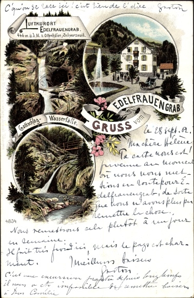 litho Ottenhöfen in het Zwarte Woud, graf van een edelvrouw, Gottschlag-watervallen