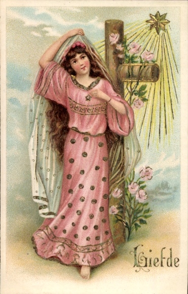 Glitzer Ak Frau mit Kreuz, Liefde