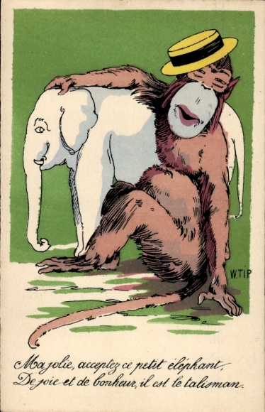Artist Postcard Tip, W., Monkey with Hat, Elephant