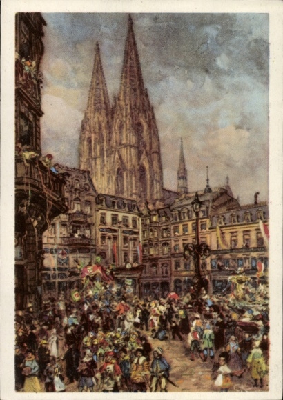 Postal stationery artist PC Cologne on the Rhine, carnival, parade, cathedral