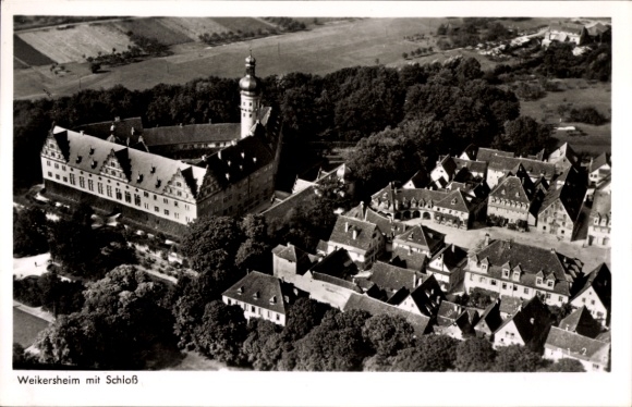Postcard Weikersheim in Tauberfranken Württemberg, aerial view of castle, buildings, trees, fields