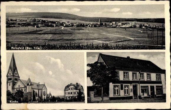 Postcard Reinsfeld Rheinland Pfalz, Inn Zum Bahnhof, church, view of the town