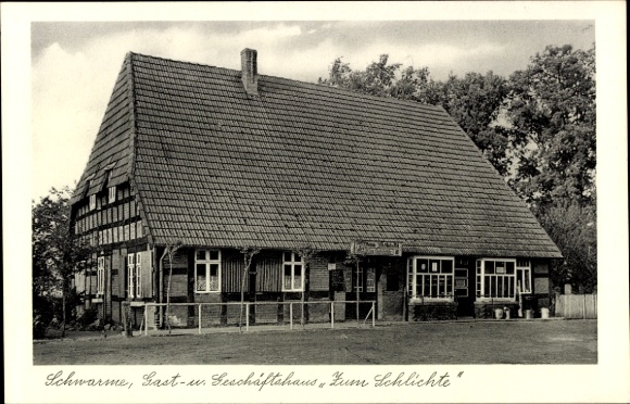 Postcard Schwarme in Lower Saxony, guest and business house Zum Schlichte, black, rural building