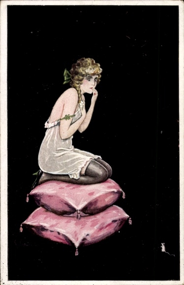 Artist Postcard Young woman in slip sitting on two pillows, afraid of a mouse