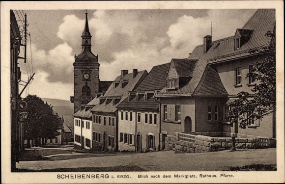 Ak Scheibenberg Erzgebirge, Marktplatz, Rathaus, Pfarre