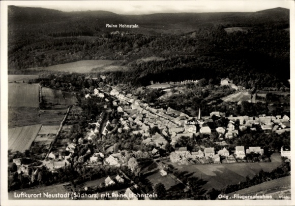 Postcard Neustadt in Sachsen, aerial photograph, Hohnstein ruins, Ratskeller, hotel, guesthouse
