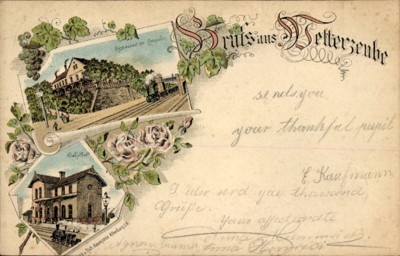 Chromo-Litho Wetterzeube in the Burgenland district, railway station track side, restaurant at the railway