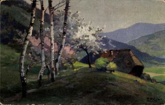 Artist Postcard Reiss, Fritz, Black Forest, spring landscape