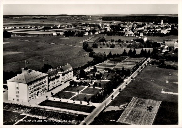 Postcard Illertissen in Swabia, Pr. Oberrealschule with home, aerial photograph