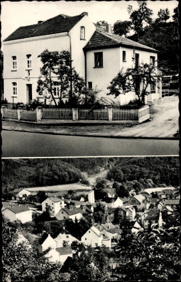 Postcard Bröl Hennef an der Sieg, two buildings, surrounded by trees, rural setting,