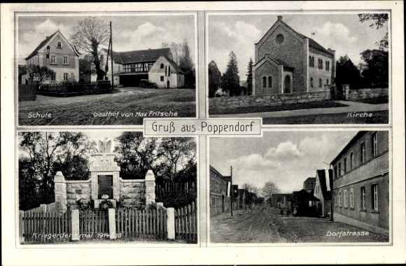 Ak Poppendorf Schkölen in Thüringen, Schule, Gasthof, Kirche, Kriegerdenkmal, Dorfstraße
