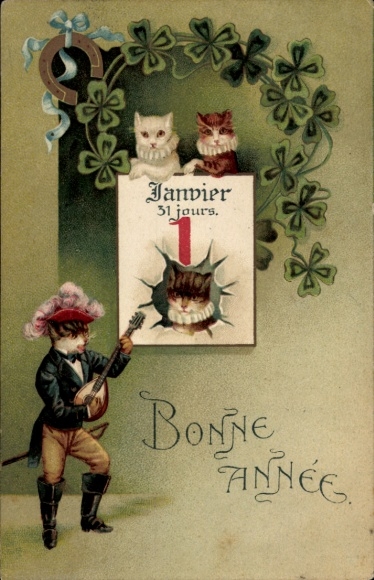 Greeting card Happy New Year, cats, calendar, lucky clover, horseshoe
