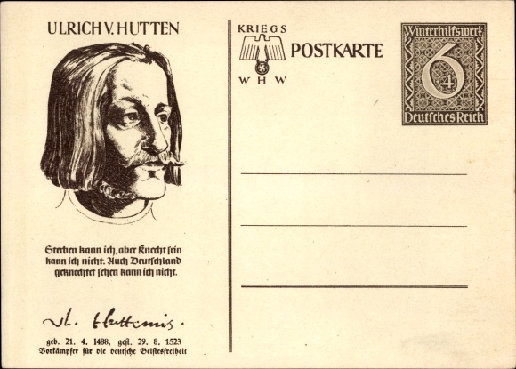 Postal stationery PC Ulrich von Hutten, portrait, war WHW