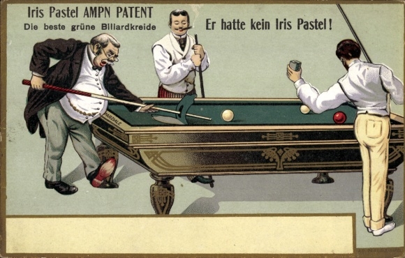 Chromo-Litho Iris Pastel green billiard chalk, men playing billiards