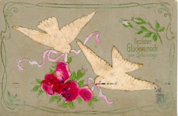Embossed Fabric Postcard Happy Birthday, White Doves, Roses