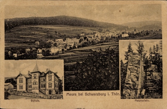 Postcard Meura in Thuringia, general view, Meurastein, school