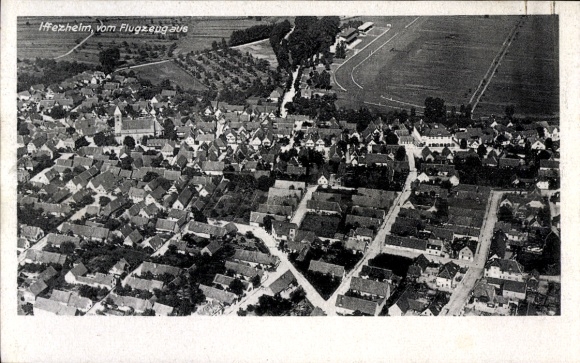 Postcard Iffezheim am Rhein, aerial view of residential areas, fields, streets