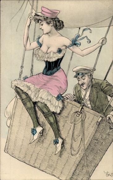 Artist Postcard Balloon Ride, Woman in Underwear, Stockings, Slip
